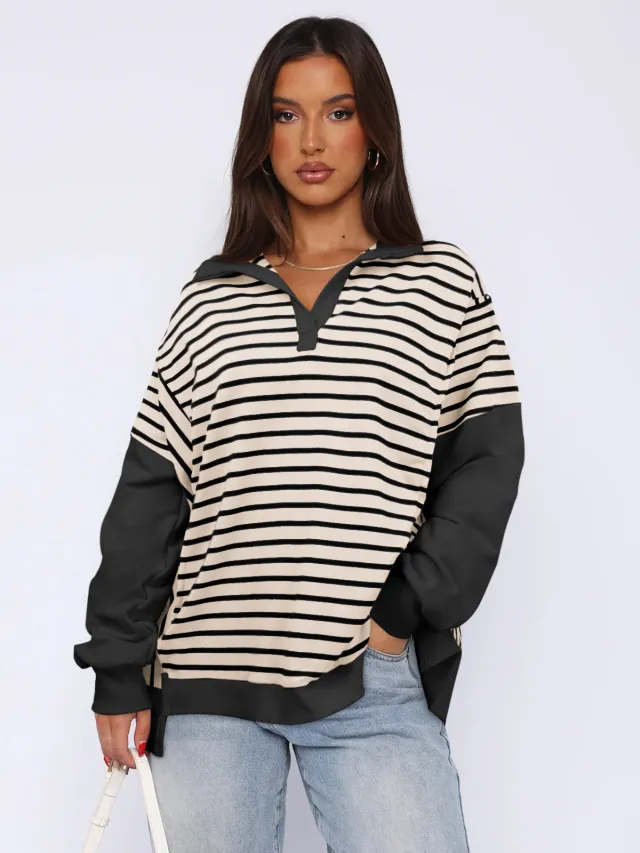 Fashion Loose Contrast Color Striped Sweater Split Women 038 Apricot Stripe Black - Shop at LoveMi