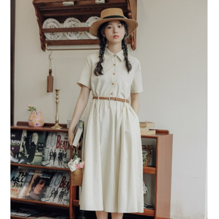 Preppy Style Simple Short Sleeves Shirt A Line Waist Fitted Slimming Dress Apricot Beige - Shop at LoveMi
