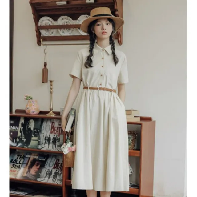 Preppy Style Simple Short Sleeves Shirt A Line Waist Fitted Slimming Dress Apricot - Shop at LoveMi