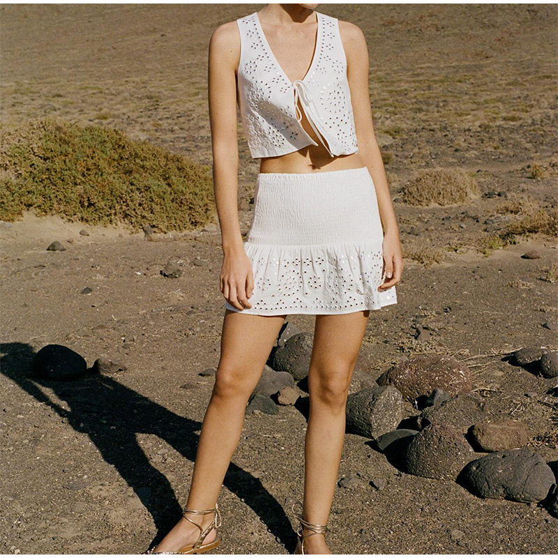 Sleeveless Hollow Out Tied Top Stitching Holiday Short Dress Suit White - Shop at LoveMi