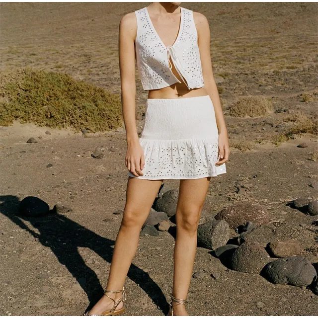 Sleeveless Hollow Out Tied Top Stitching Holiday Short Dress Suit White - Shop at LoveMi