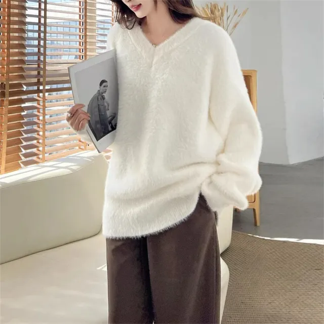 New Gentle Soft Glutinous Sweater Women's V neck Imitated Mink White - Shop at LoveMi