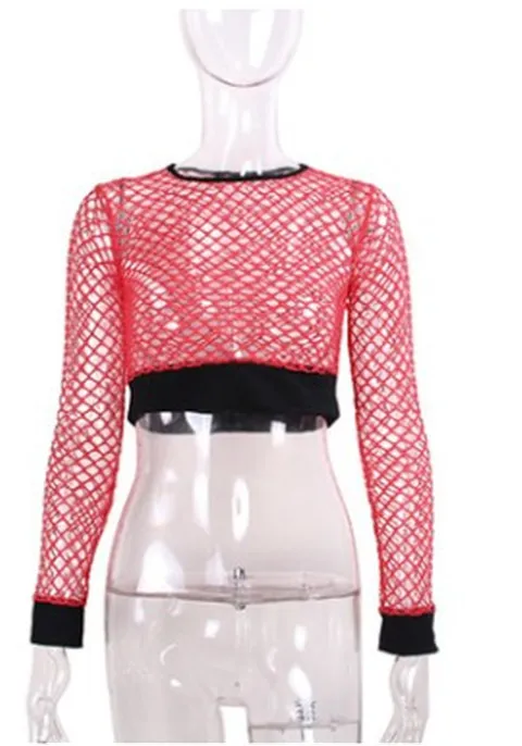 Fit High Waist Hollow out See through Fishnet Navel T shirt Wear Women Red - Shop at LoveMi