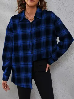 Women's Fashion Plaid Cardigan Loose Shirt - Blue - View 1
