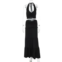 Summer Lace Halterneck Vest Pleated Skirt Suit - Black - View 1