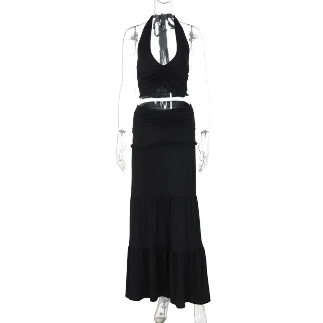 Summer Lace Halterneck Vest Pleated Skirt Suit Black - Shop at LoveMi