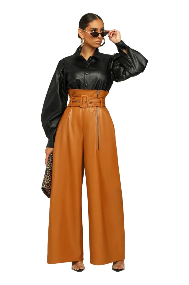 High Waist PU Leather Pants Metal Belt Wide Leg Trousers Chocolate Xl - Shop at LoveMi