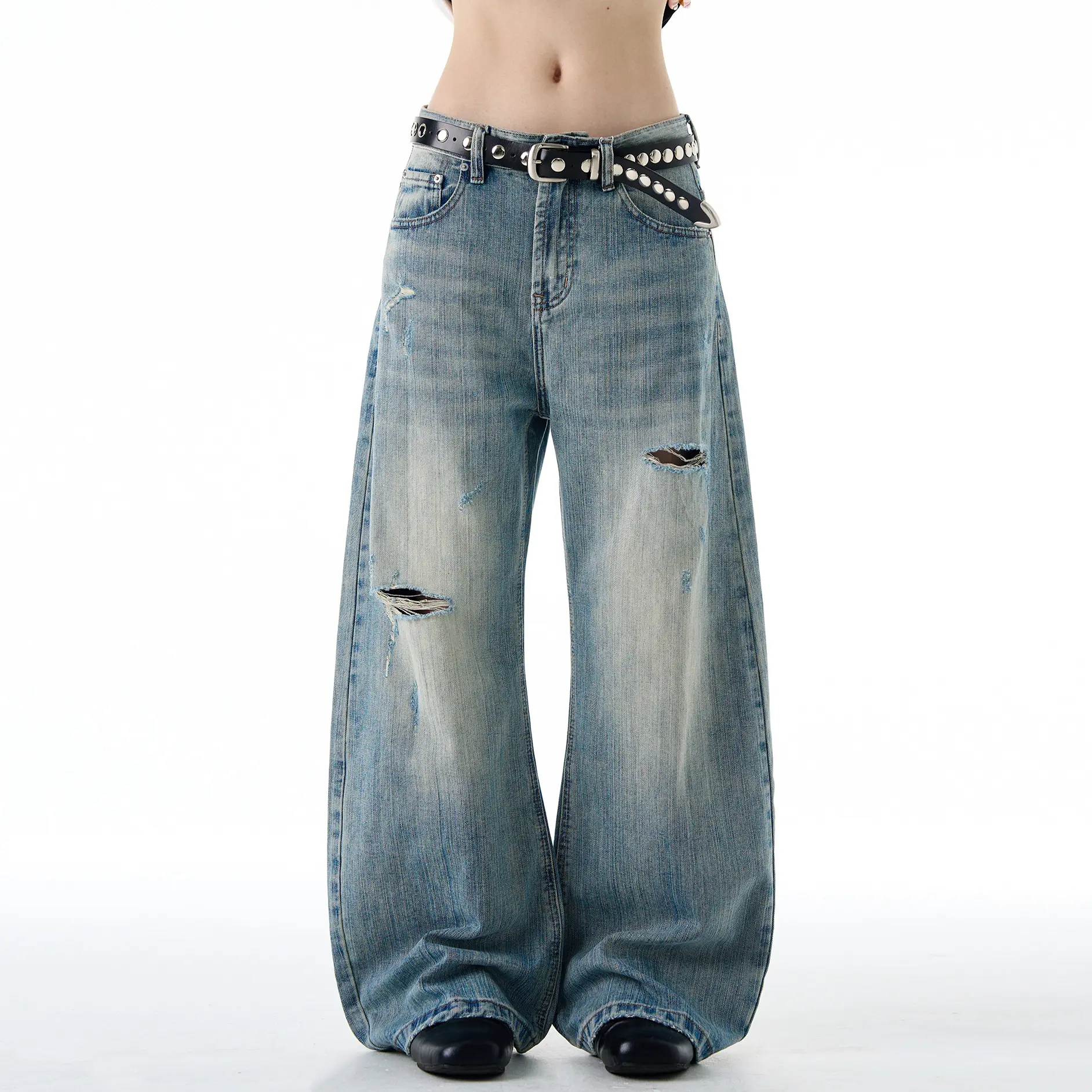 American-style Vintage Distressed Ripped Slub-textured Bootcut Jeans