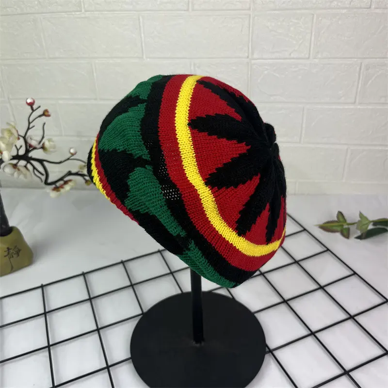 Hand Crocheted Wool Beret Jamaica Colorblock Knit