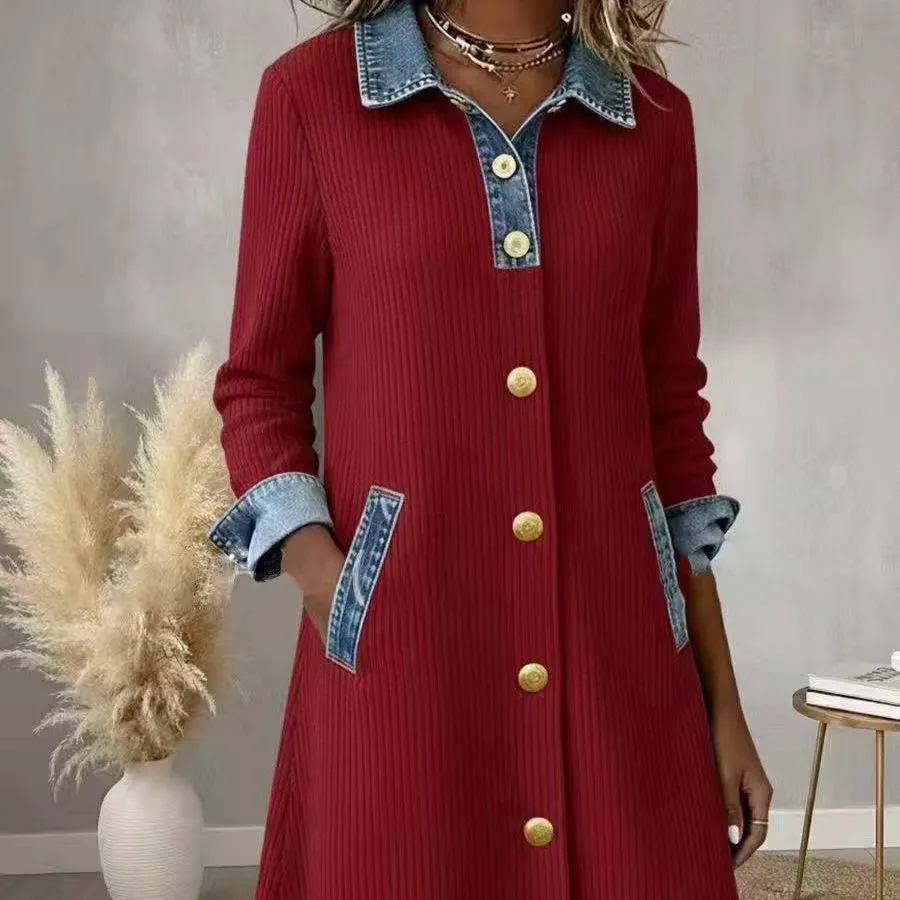 Womens Buttoned Long-Sleeve Corduroy Patchwork Denim Dress - Red
