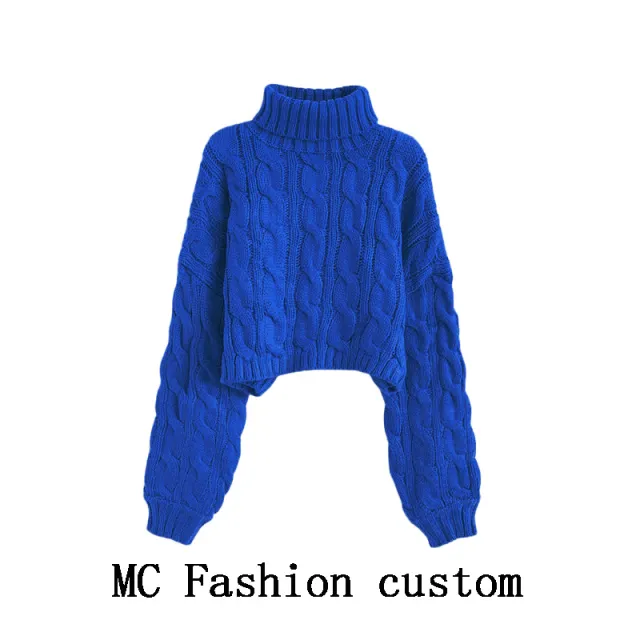 Turtleneck Pullover Short Cable knit Sweater Women Blue - Shop at LoveMi