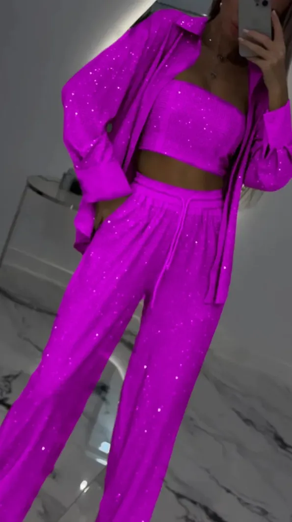 Loose Sequins Jacket Tube Top Three piece Suit Rose Red - Shop at LoveMi
