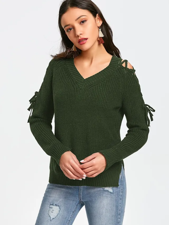 Hollow Knit Sweater Women Long Sleeve Tie Loose V neck Olive Green - Shop at LoveMi