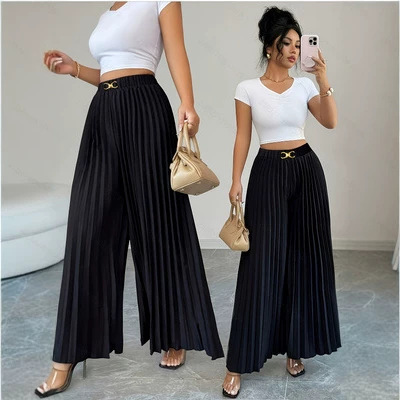 Womens Solid-Color Loose Casual Pleated Wide-Leg Culotte