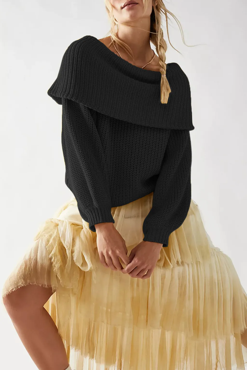 Loose Off Shoulder Pullover Top Sweater - Black