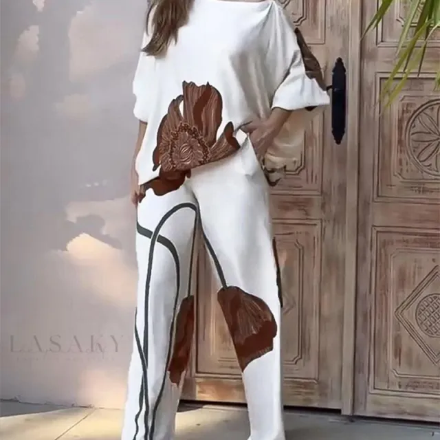Loose Printed Top Straight leg Pants Casual Fashion Set White - Shop at LoveMi
