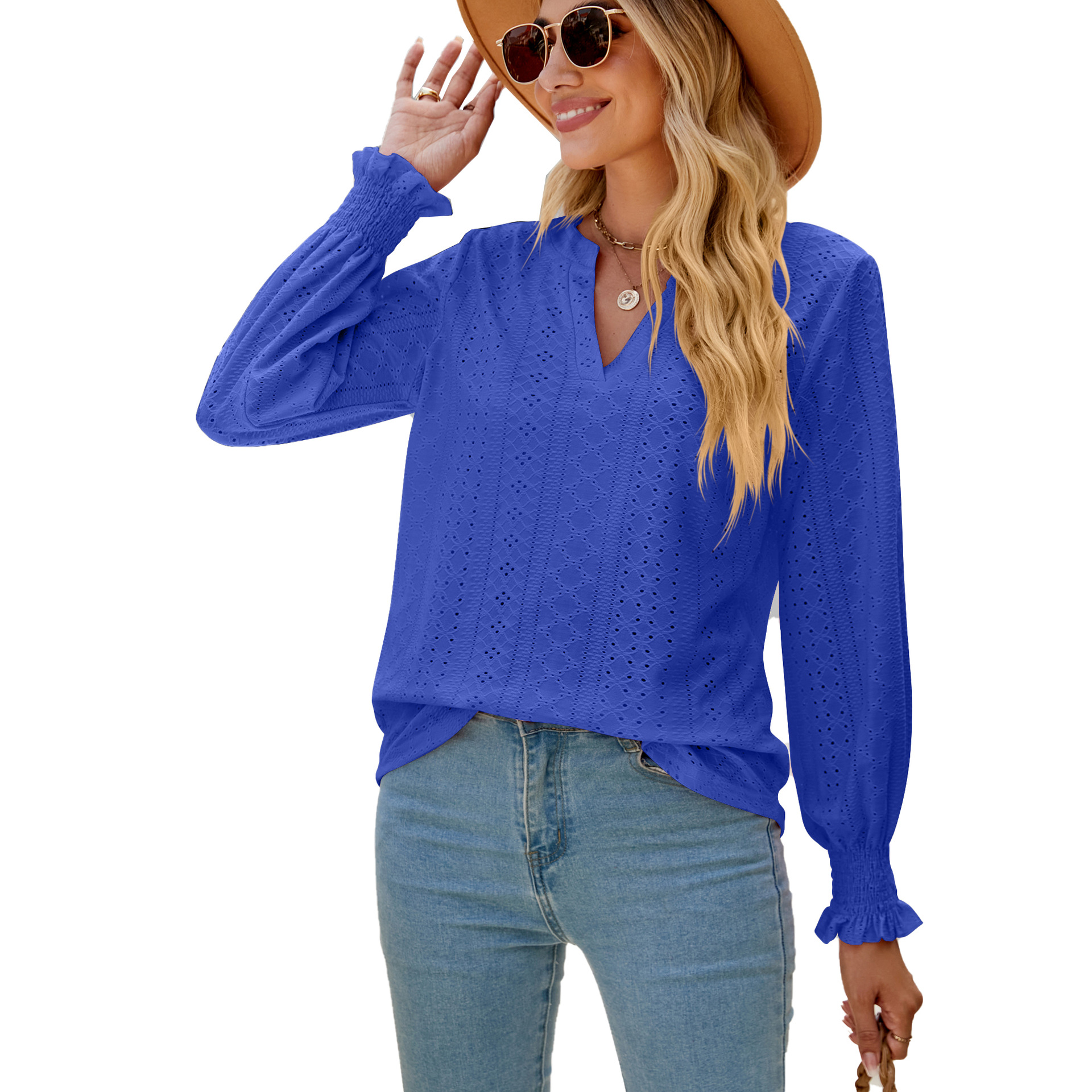 Women's Fashion V-neck Solid Color Hollow Ruffle Sleeve Loose Long Sleeve Top