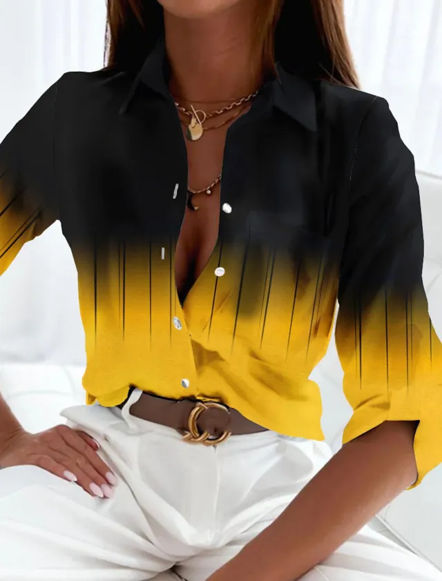 Women's Long Sleeve Casual Gradient Color Button Printed Shirt 3V5Yy4Q - Shop at LoveMi