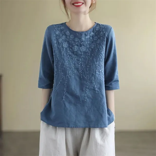 Artistic Retro Cotton And Linen Solid Color Half Sleeve Blue - Shop at LoveMi