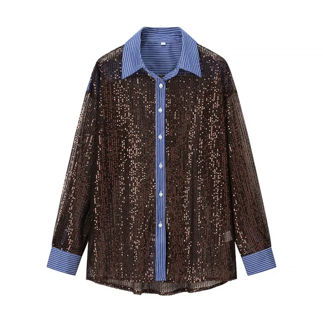New Spring And Autumn Slim fit Long sleeved Sequined Shirt Brown - Shop at LoveMi