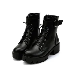 Women's Chunky Heel Lace-up Belt Buckle Waterproof Platform Non-slip Ankle Boots - Black - View 1