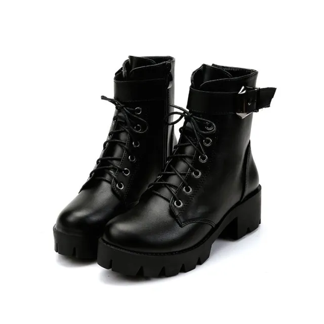 Women's Chunky Heel Lace up Belt Buckle Waterproof Platform Non slip Ankle Boots Black - Shop at LoveMi