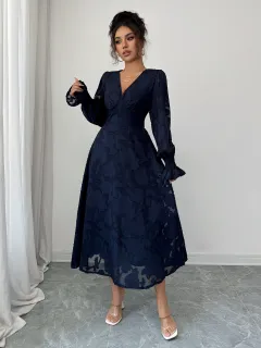 Elegant And Stylish Deep V Lace Long Sleeve Dress For Women - Navy Blue - View 1
