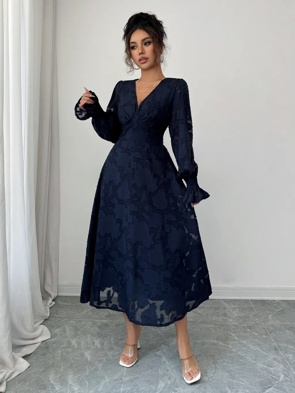Elegant And Stylish Deep V Lace Long Sleeve Dress For Women - Navy Blue