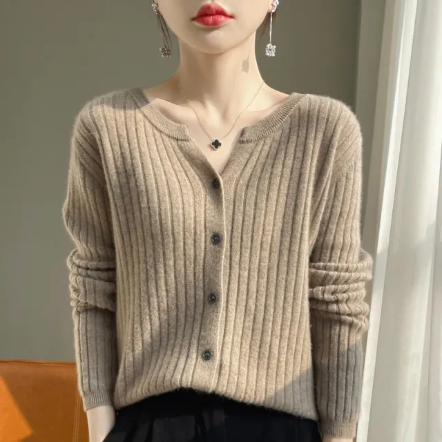 Round Neck Slim fit Short Striped Solid Color Knitted Cardigan Jacket Camel - Shop at LoveMi