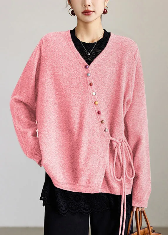 Women's Solid Color Versatile Wool Sweater Loose Top Coat Pink - Shop at LoveMi