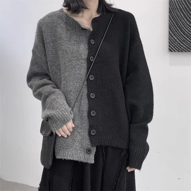 Women's Dark Style Color Matching Sweaters Coat Black And Gray - Shop at LoveMi