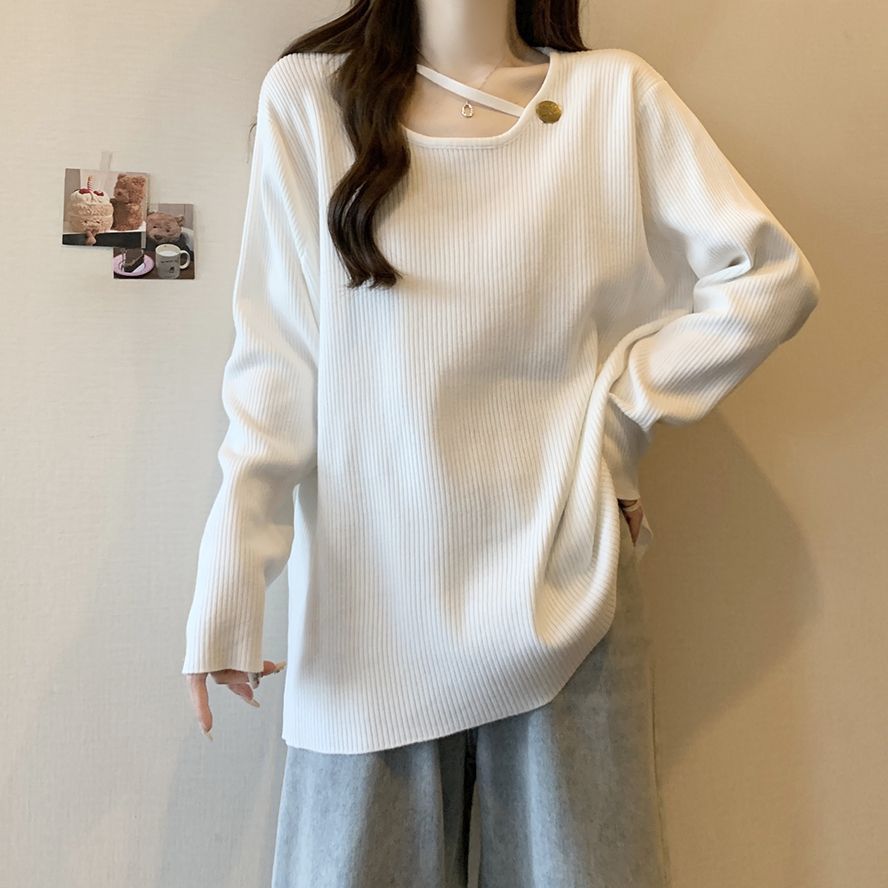 Plus-size Hollow-out Patchwork Long-sleeve Bottoming Shirt Versatile Top