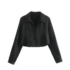 European And American Style Silk Satin Texture Short Drape Shirt - Black - View 1
