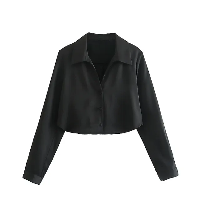 European And American Style Silk Satin Texture Short Drape Shirt Black - Shop at LoveMi