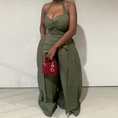 Sexy Halter V-neck Irregular Sleeveless High Waist Ribbon Jumpsuit Trousers - Army Green - View 1
