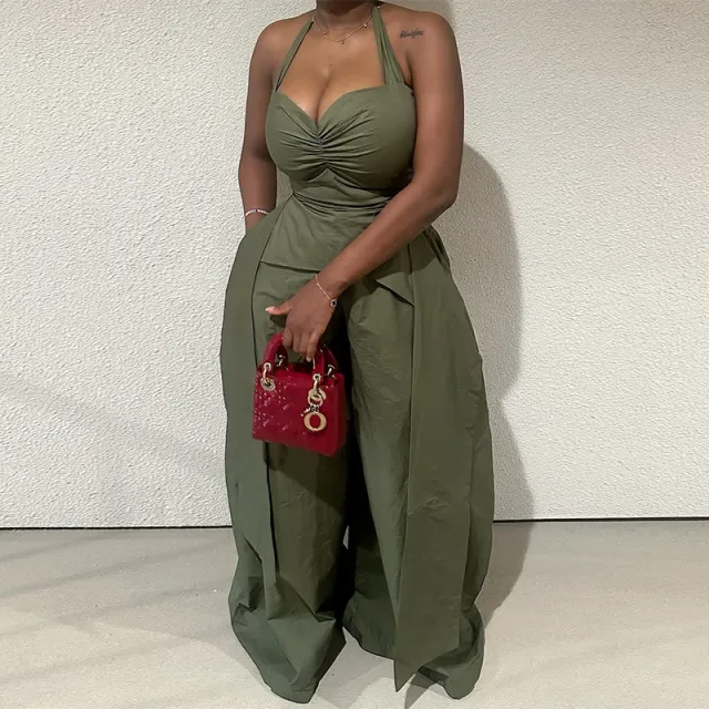 Sexy Halter V neck Irregular Sleeveless High Waist Ribbon Jumpsuit Trousers Army Green - Shop at LoveMi