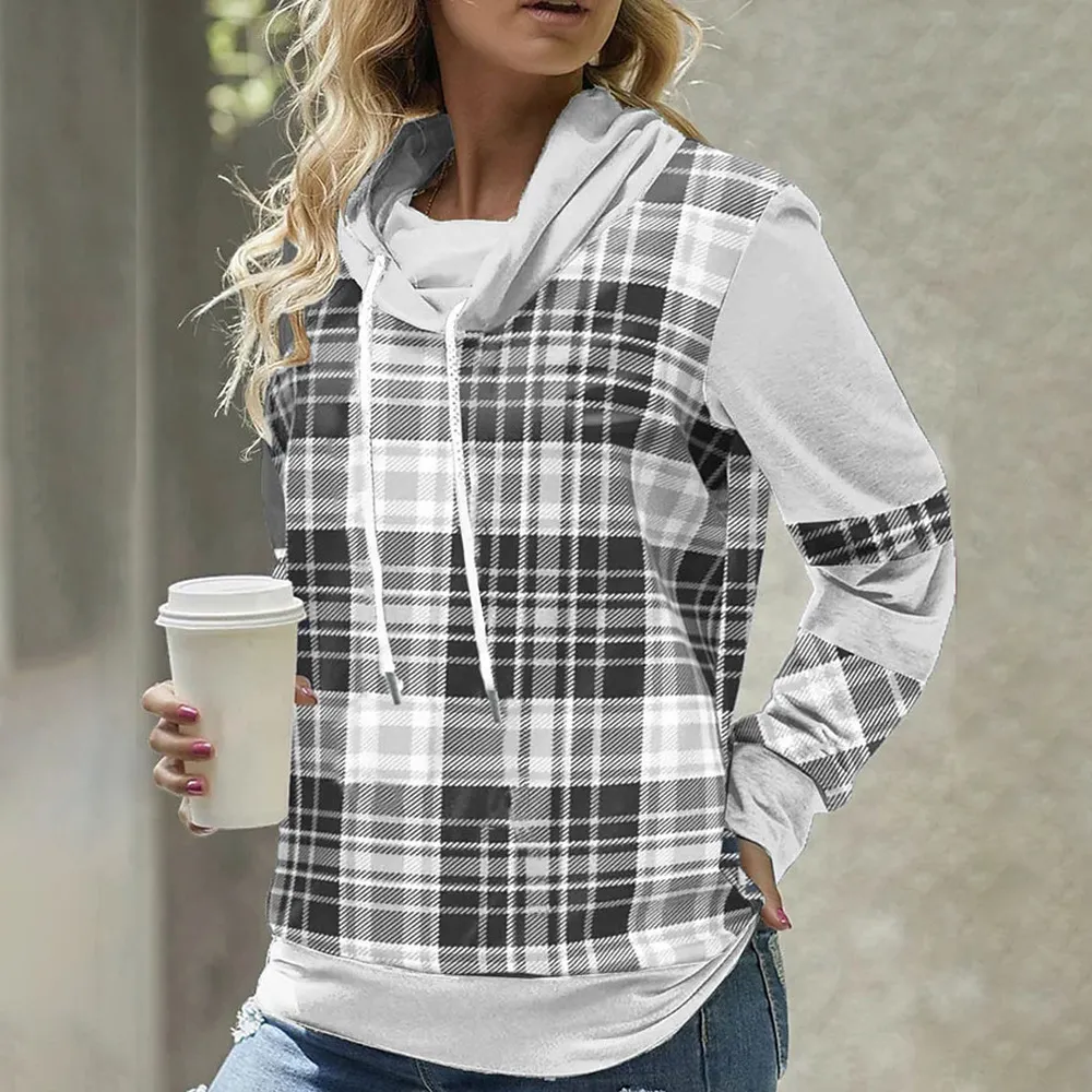 European And American Plaid Printed Long Sleeve Turtleneck Loose Casual Top - Gray