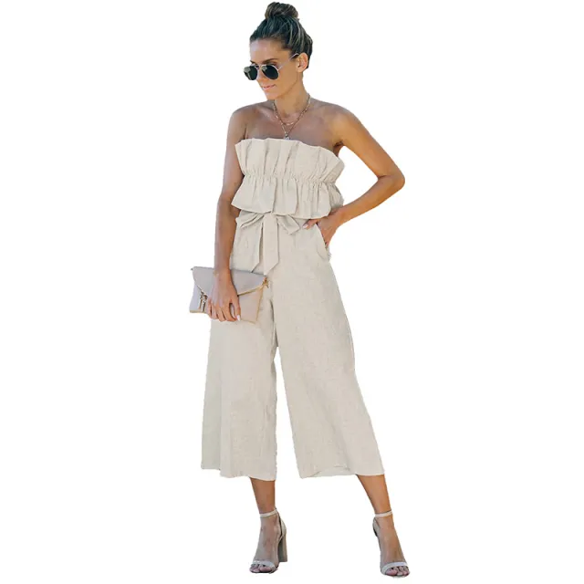 Women's Sleeveless Pleated One piece Ankle length Pants Beige - Shop at LoveMi