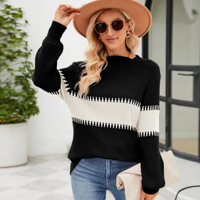 Women's Loose Color Contrast Patchwork Mock Neck Sweater Black And White - Shop at LoveMi