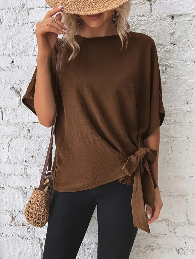 Women's Solid Color Batwing Sleeve Loose Top Brown - Shop at LoveMi