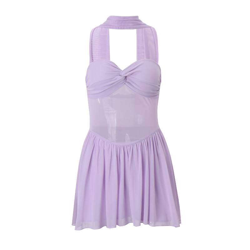 Wrapped Chest Slim Mesh Micro Transparent Scarf Pleated Pure Desire Dress Purple European Code - Shop at LoveMi