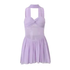 Wrapped Chest Slim Mesh Micro Transparent Scarf Pleated Pure Desire Dress - Purple European Code - View 1
