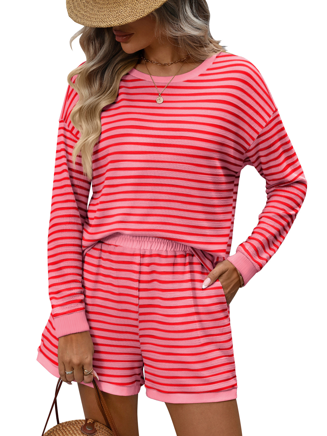 Womens Crew-neck Spliced Long-sleeve Shorts Two-piece Set 5