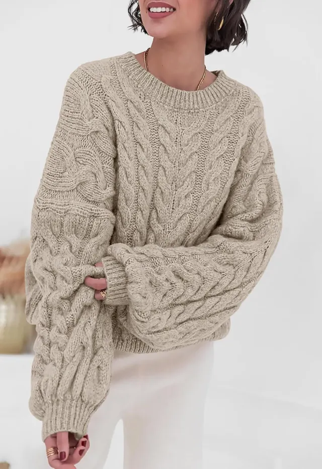 Thick Needle Hemp Flower Loose Pullover Round Neck Long Sleeve Sweater Light Khaki - Shop at LoveMi