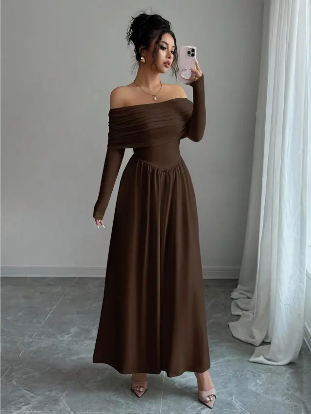 Women's Solid Color French Style Off the Shoulder Knitted Dress Brown - Shop at LoveMi