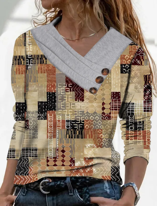 Women Scarf Collar T shirt With Long Sleeves Hoodie Button Top Apricot Printing - Shop at LoveMi