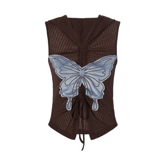 Retro Butterfly Affixed Cloth Embroidered Hoodie With Drawstrings Sleeveless T shirt Red - Shop at LoveMi