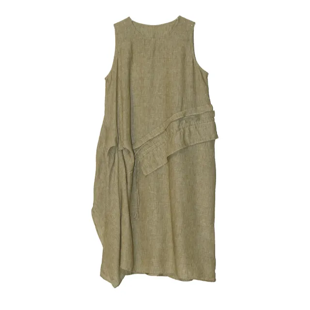 Women's Retro Crew Neck Patchwork Ruffled Drawstring Sleeveless Dress Green - Shop at LoveMi