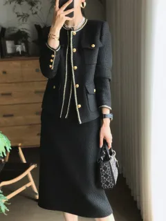 Classic Style Tweed Skirt Suit - Black Coat Skirt - View 1