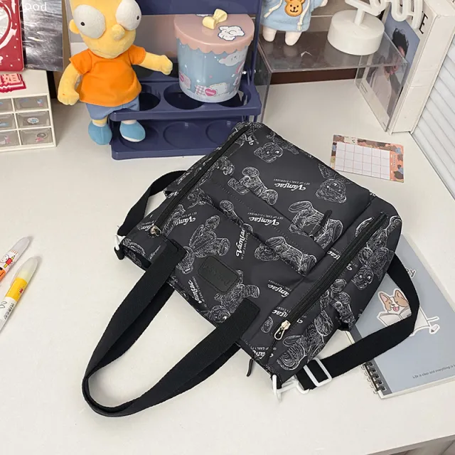 Bear Print Large Capacity Multi Pocket Tote Bag Shoulder Bag Crossbody Lightweight For Going Out Handbag Black - Shop at LoveMi
